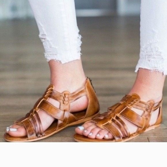 Bed Stu Shoes - Bed Stu Cara Womens 8.5 Tan Leather Strappy Gladiator Sandals Flat Back Zip boho